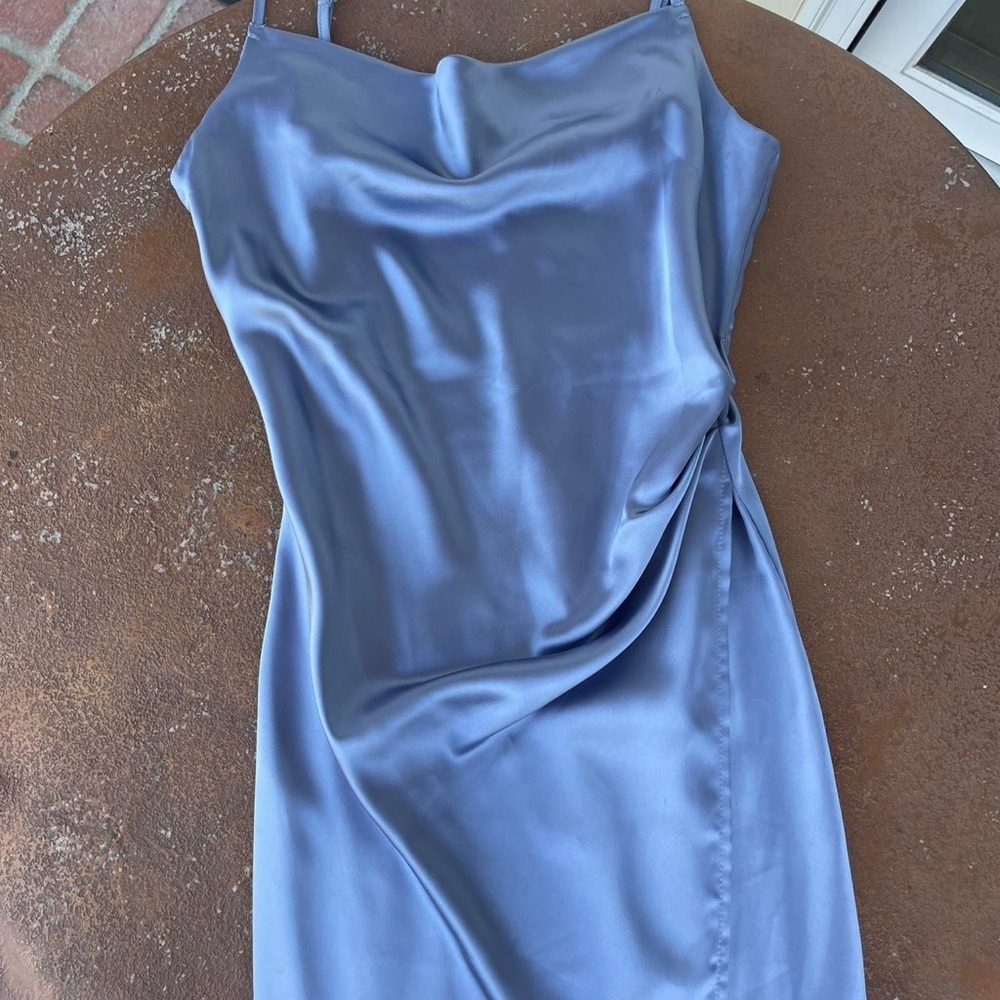 NWT Blue satin midi dress with cowl neckline and asymmetrical hem SZ s - Picture 4 of 5